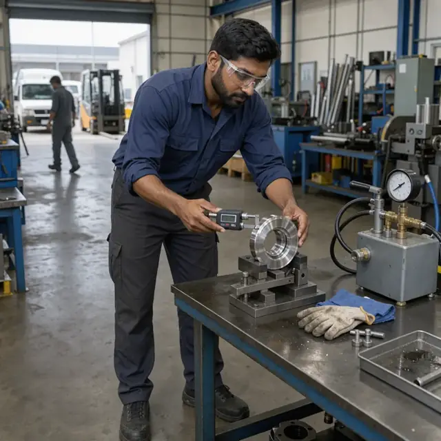 a worker using a digital micrometer on a machined valve fitting mounted in a fixture next to a hydraulic pressure test stand
