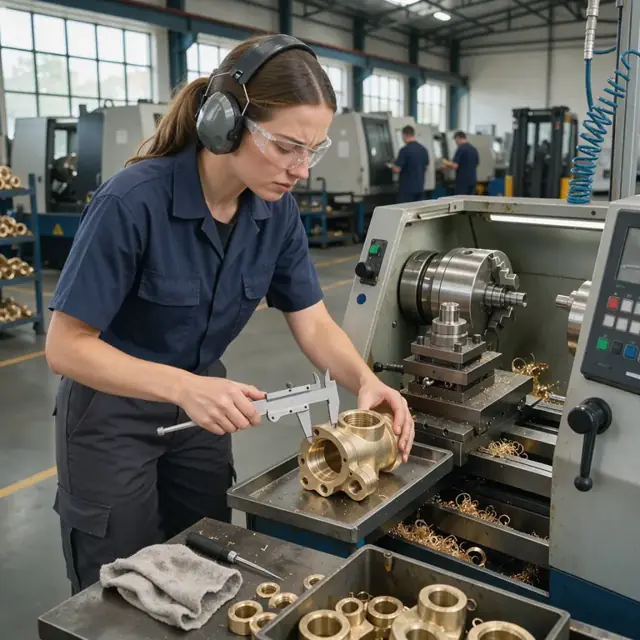a worker measuring a freshly machined brass valve body with calipers at a CNC lathe in a noisy machine shop