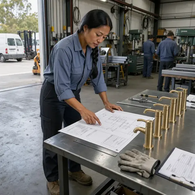 a worker reviewing technical drawings and a purchase order at a metal desk beside a row of polished brass faucet samples