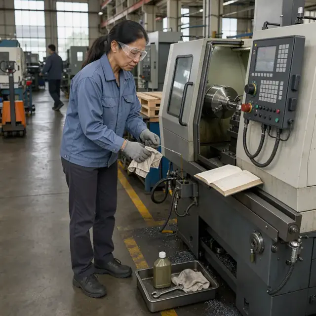 a technician in work gloves checking the oil level on a CNC lathe with an open maintenance logbook resting on the machine guard