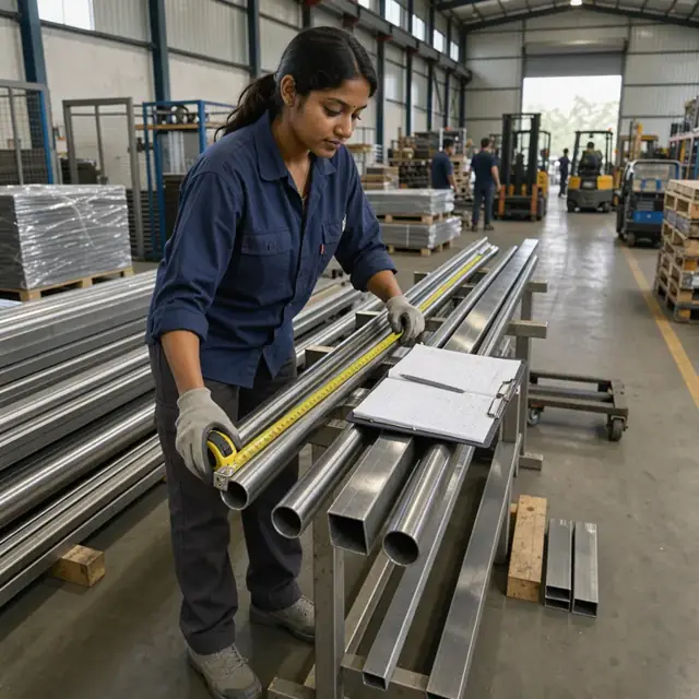 a worker in a warehouse aisle measuring lengths of stainless steel bar stock against an open inventory sheet