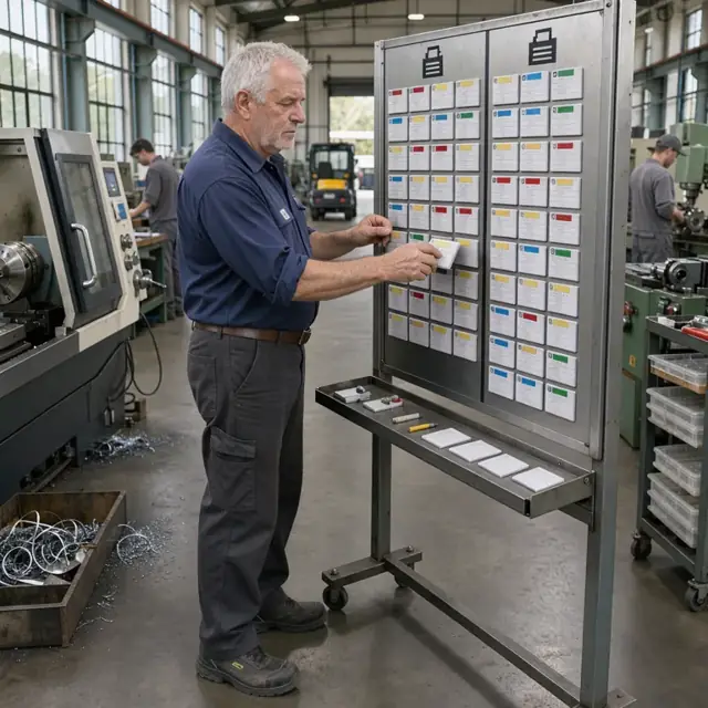 a machinist standing at a shop scheduling board moving magnetic job cards between CNC lathe and milling machine columns