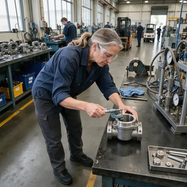 a worker using a micrometer to check the seat diameter of a machined valve body on a granite surface plate with a pressure test rig in the background
