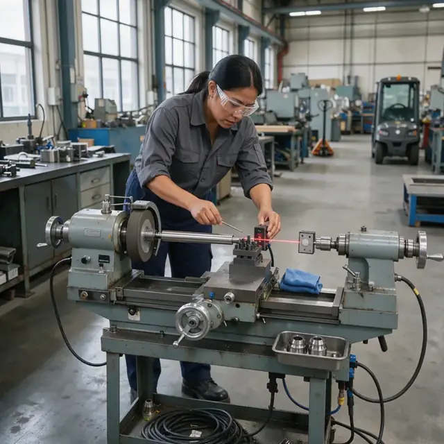 a technician performing laser alignment on a precision cylindrical grinder in a machine shop