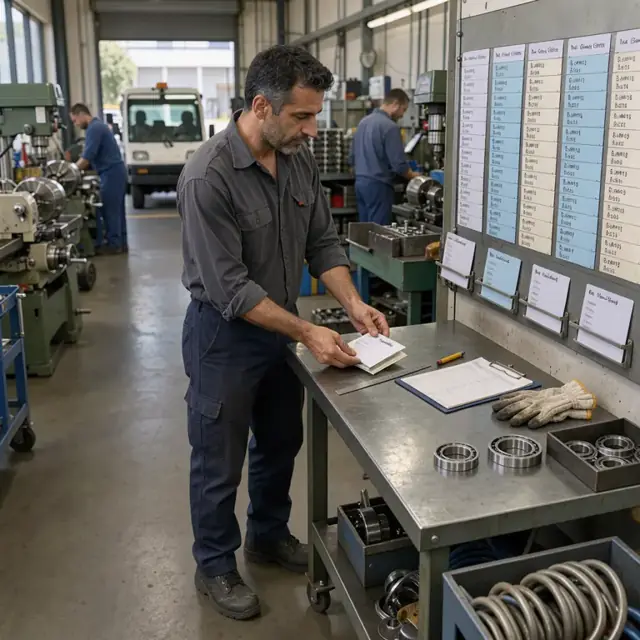 a worker standing at a metal workbench updating a production schedule board with cards listing bearing part numbers and machine assignments