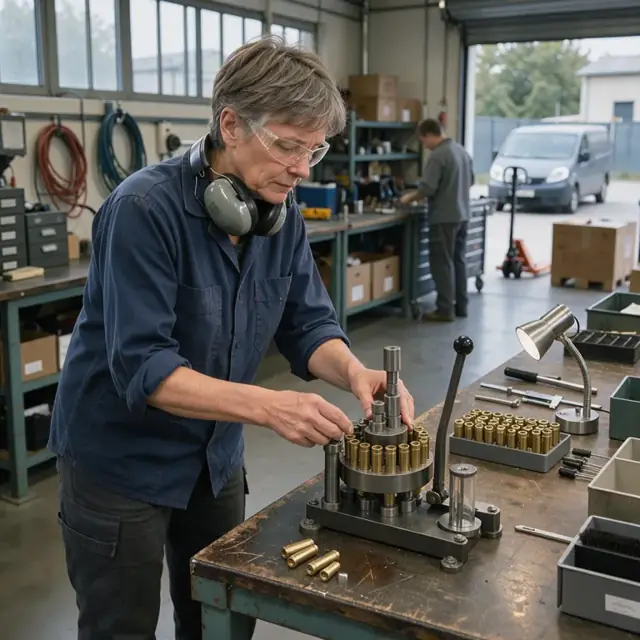 a technician adjusting a progressive reloading press with rows of brass cases moving through the stations in a workshop
