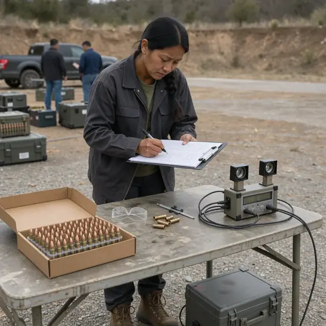 a technician recording lot numbers and test results on a clipboard beside a box of newly loaded cartridges and a chronograph