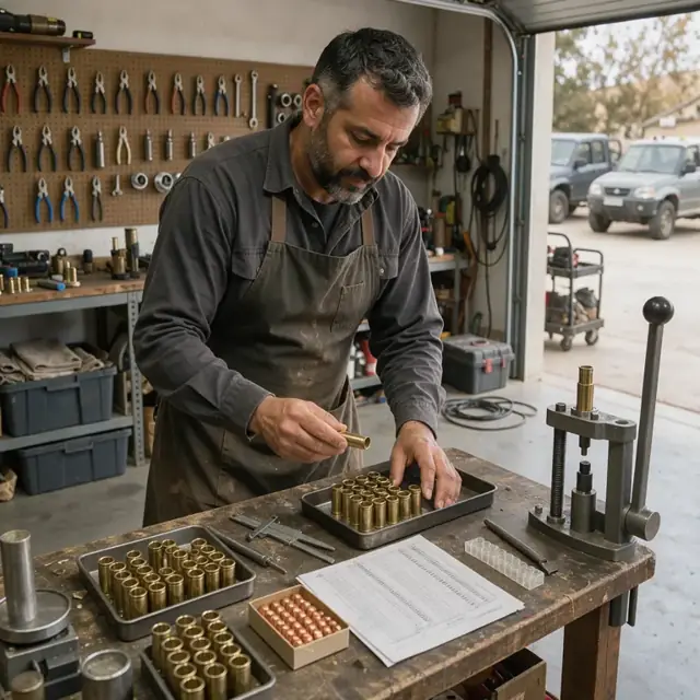 a reloading bench with brass cases, bullets and load data sheets arranged next to an empty progressive press