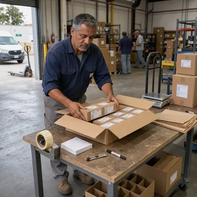 a technician placing labeled boxes of ammunition into a shipping carton on a packing table with tape and labels ready