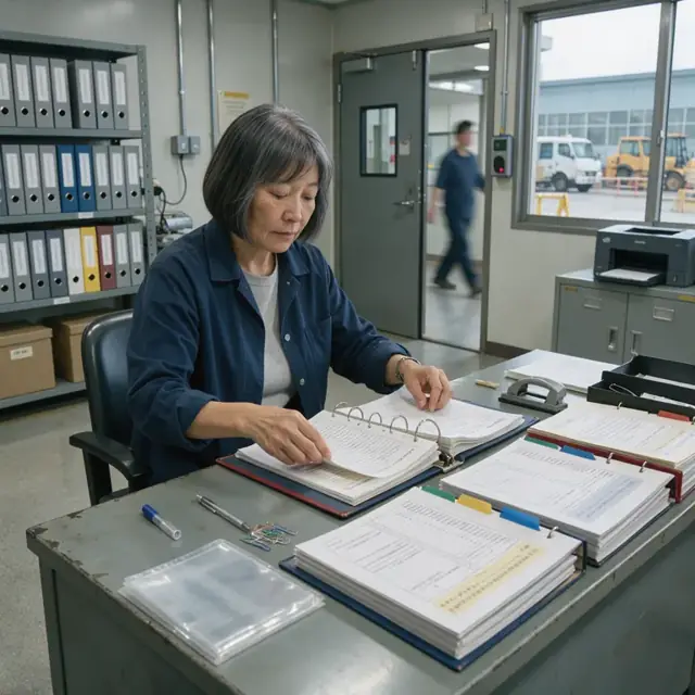 a worker at a desk organizing binders of permits, explosive logs and safety data sheets inside a secure document control room