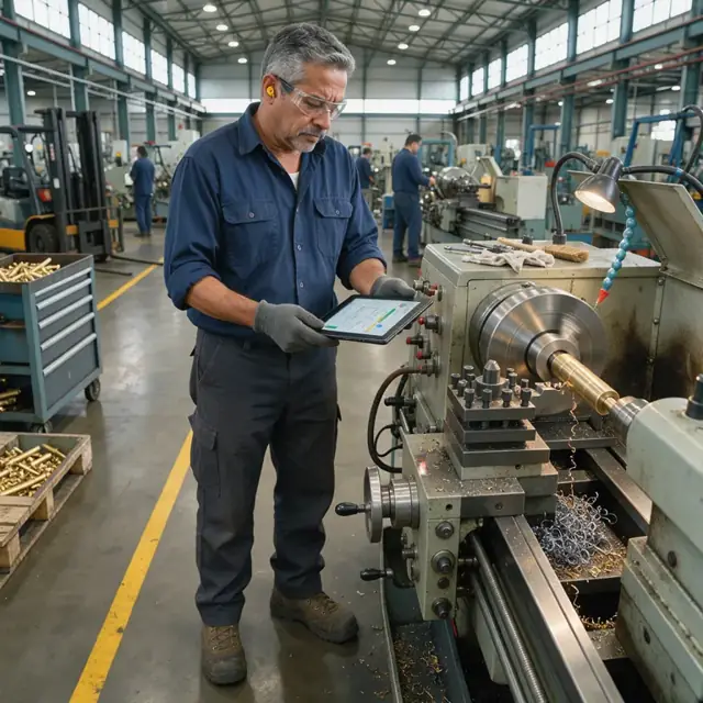 a worker reviewing a digital tablet with work instructions next to a large metal lathe turning a cartridge case in a high bay manufacturing area