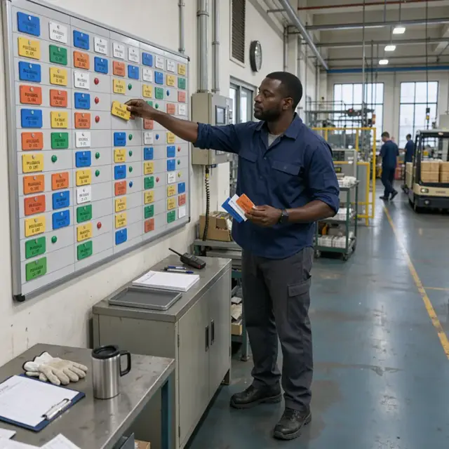 a worker standing at a large wall-mounted scheduling board placing magnetic cards representing production lots in a factory control room