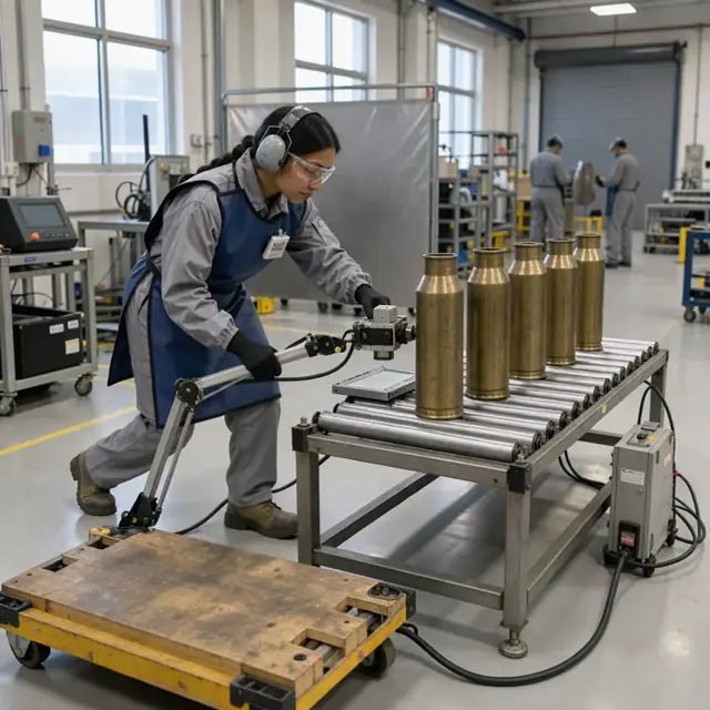 a worker wearing protective gear performing an X-ray inspection on a row of large artillery shell casings in a brightly lit test room