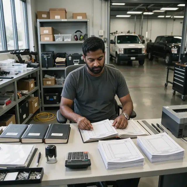 a worker at a clean desk organizing serialized firearm log books and printed ATF forms under bright overhead lighting