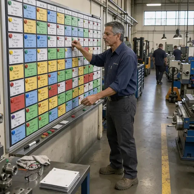 a supervisor standing at a large wall-mounted scheduling board with magnetic cards showing machine status and job due dates in a machine shop