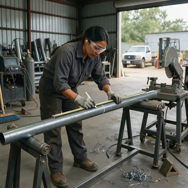 a worker measuring and marking a long steel pipe on a roller stand before cutting in the shop