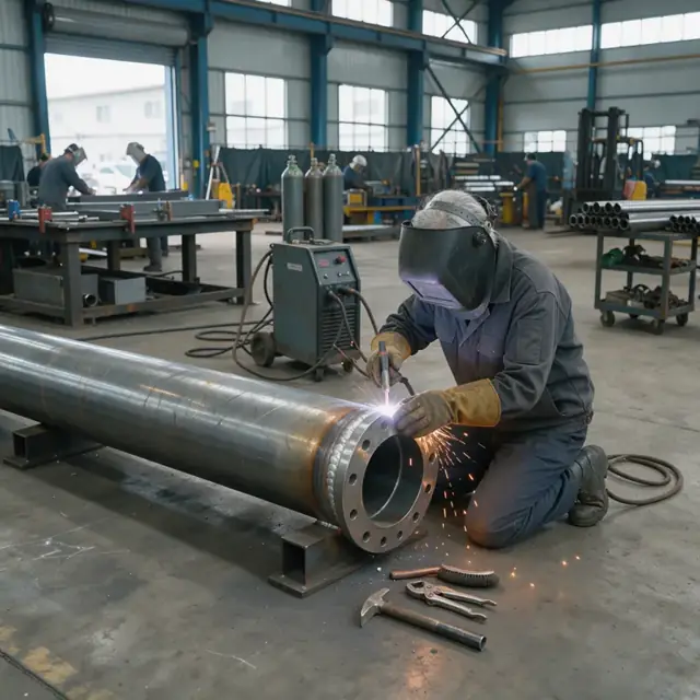 a worker welding a large pipe spool in a steel fabrication shop with multiple stations visible in background