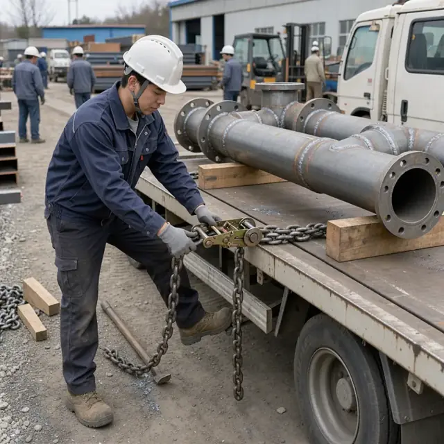 a worker securing a large fabricated pipe assembly onto a flatbed truck using chains and blocking in the yard