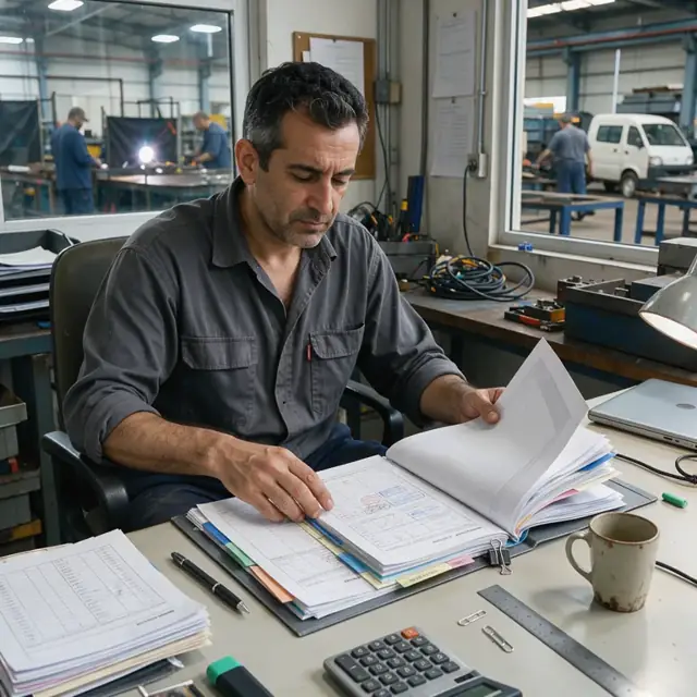 a worker at a desk compiling a stack of material test reports, weld logs and inspection sheets into a job folder