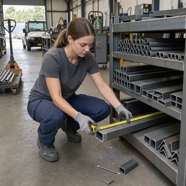 a worker measuring the length of a steel tube remnant with a tape measure inside a rack of organized metal stock