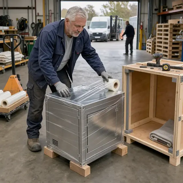 a worker wrapping a fabricated metal enclosure in protective film before placing it into a custom wooden crate