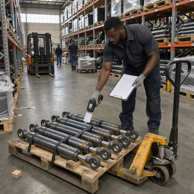 a worker in a warehouse using a handheld scanner to check a pallet of hydraulic cylinders against an inventory list near rows of heavy steel racks