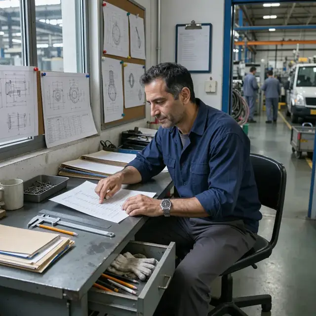 a worker at a metal desk reviewing specification sheets and checking part numbers against engineering drawings pinned on the wall of a factory office