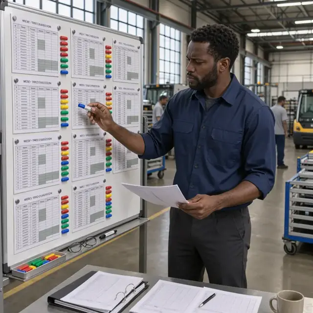 a planner standing at a large whiteboard covered with printed weekly production schedules and colored magnetic markers showing assembly line status