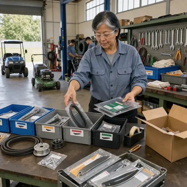 a worker at a workbench sorting packaged service parts such as mower blades and belts into labeled bins