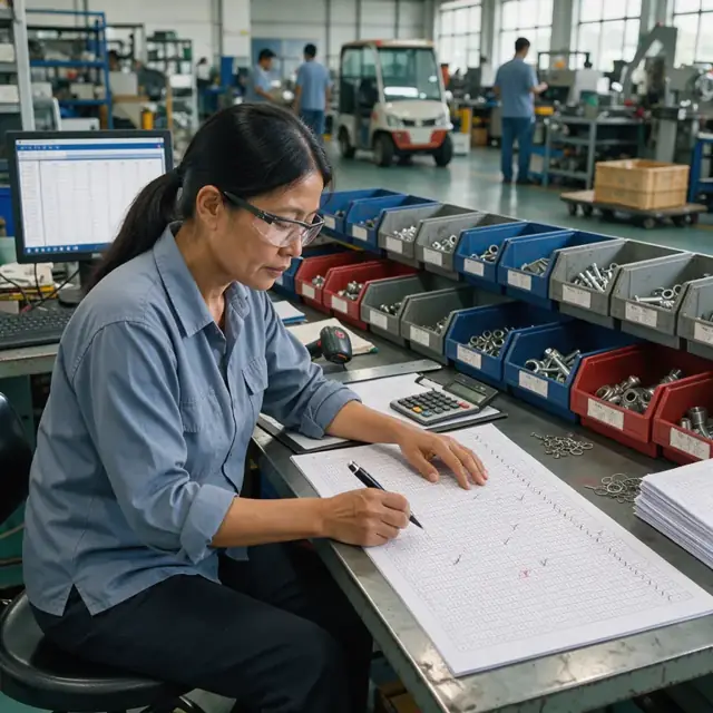 a worker updating a large printed bill of materials spreadsheet at a workstation beside shelves of labeled part bins