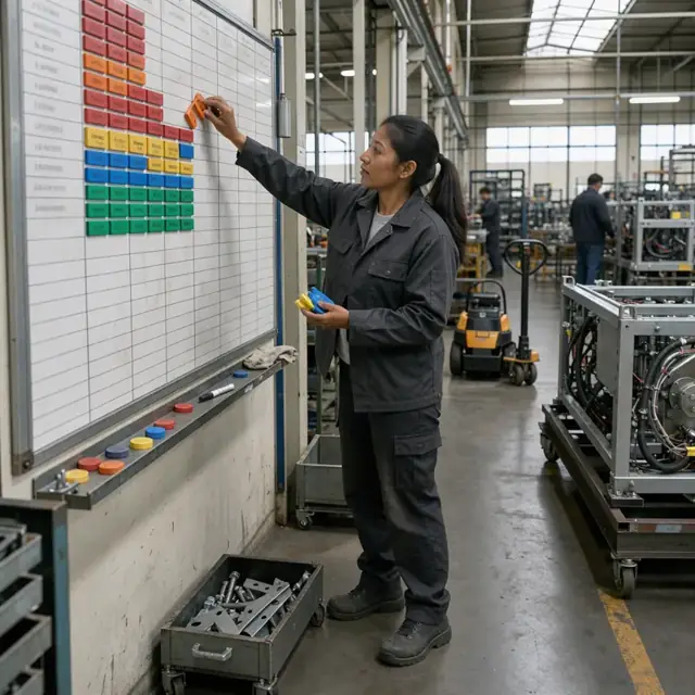 a worker standing at a large wall-mounted schedule board with colored magnets representing machines in various stages of assembly inside a factory