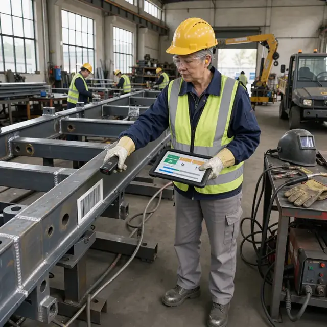 a worker in safety gear scanning a barcode on a large loader frame while updating progress on a tablet at a welding station