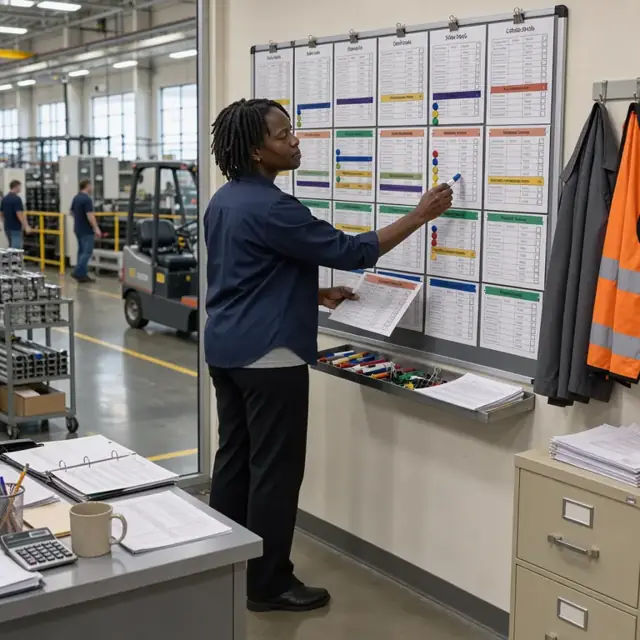 a scheduler updating a large wall-mounted production board covered with printed schedules and colored markers showing machine build stages in a factory office