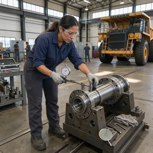 a quality inspector using a dial indicator to check tolerances on a large machined mining equipment component next to a completed haul truck chassis in a test bay