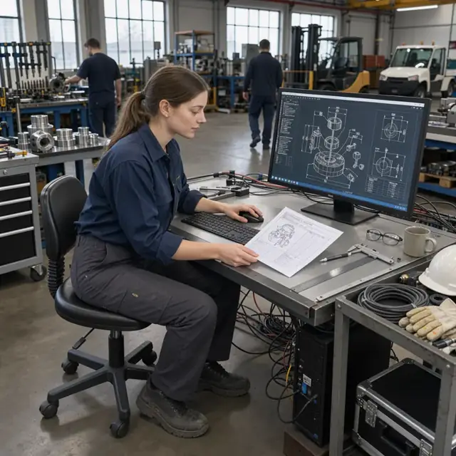 a worker updating detailed engineering drawings on a large monitor while referencing a printed specification sheet at a drafting station