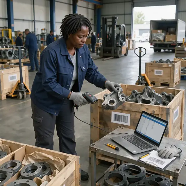 a worker checking incoming crates of forged steel components and scanning barcodes against an open laptop in a receiving warehouse
