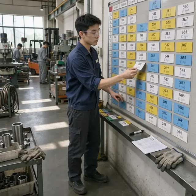 a worker standing at a large wall-mounted scheduling board with magnetic cards showing job numbers and due dates in a machine shop
