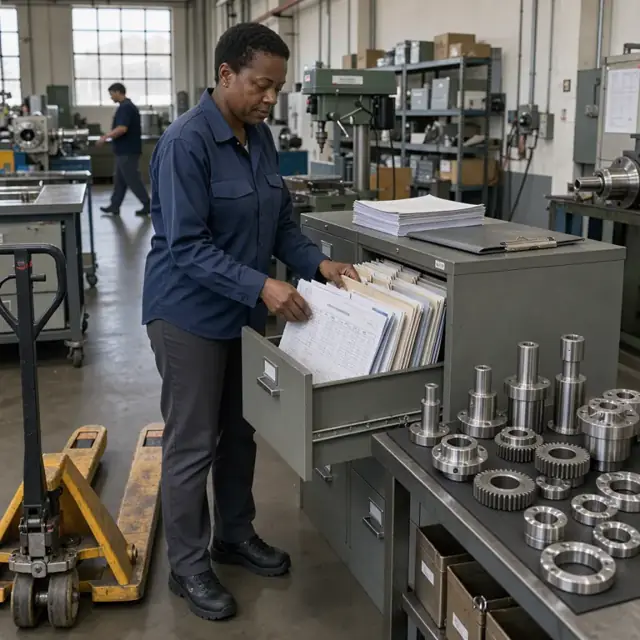 a quality technician filing material certificates and supplier audit reports in a cabinet next to a row of stainless steel machine parts