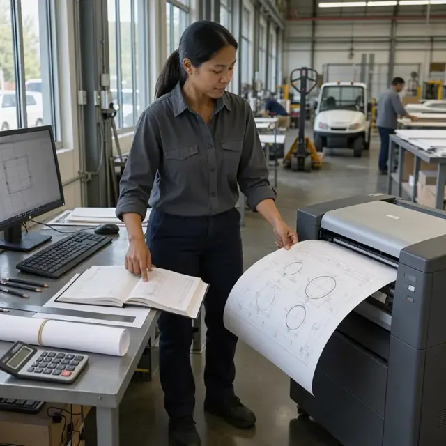 a drafter at a workstation printing large format mechanical drawings while referencing a revision log book