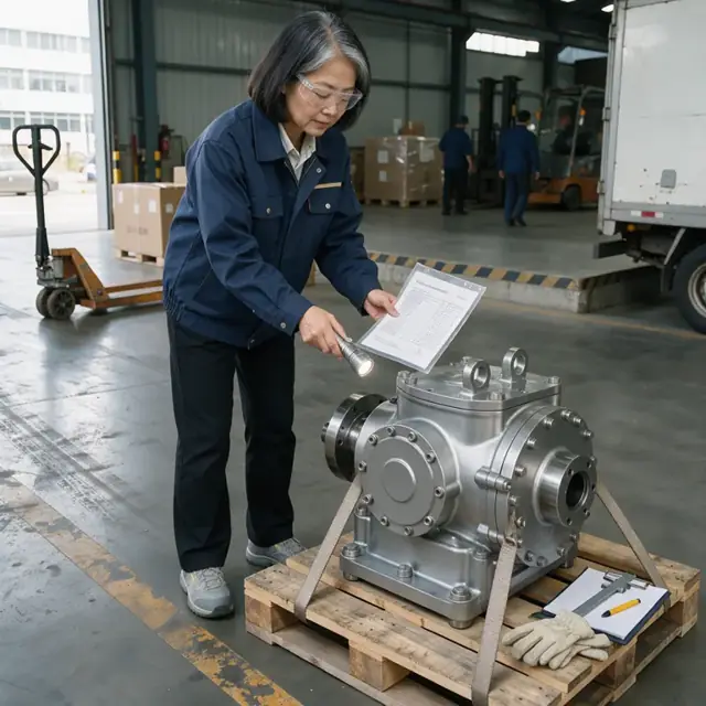 a technician inspecting a large stainless steel gearbox against its material certificate on a receiving dock