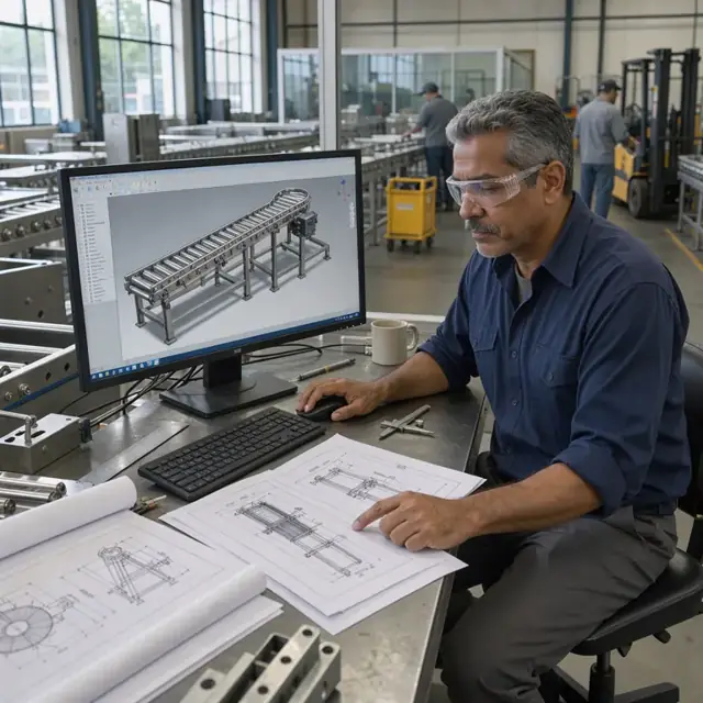 an engineer at a large monitor reviewing a 3D model of a stainless steel conveyor system next to printed specification sheets
