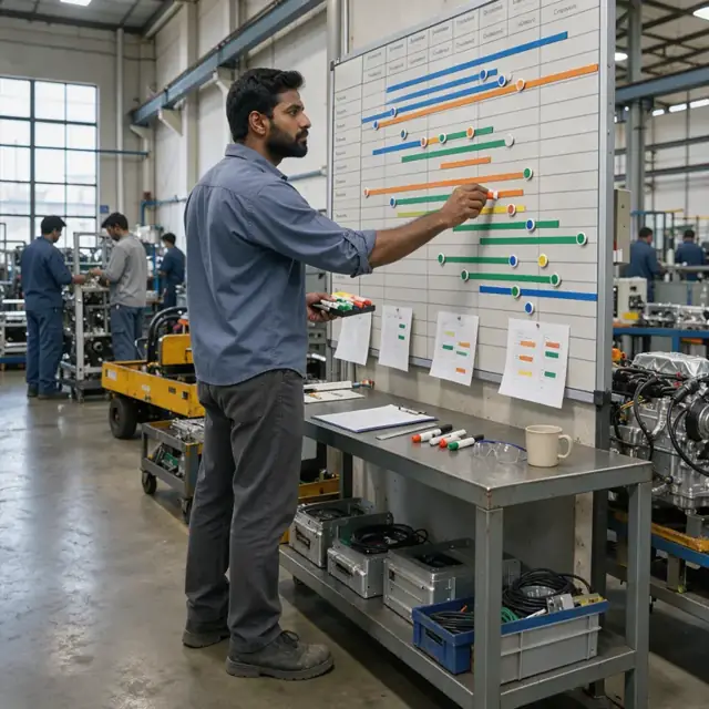a planner standing at a large wall-mounted schedule board marking progress on multiple machine assembly timelines