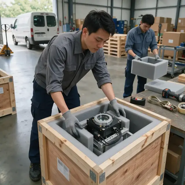 a worker in a packing area carefully placing protective foam around a precision optical module inside a wooden export crate