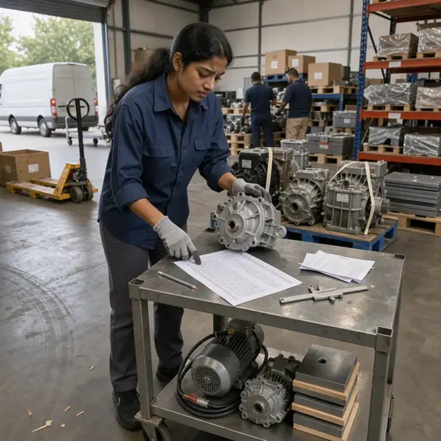 a worker in a stockroom comparing incoming gearboxes, motors and steel plates against a printed parts list on a metal cart