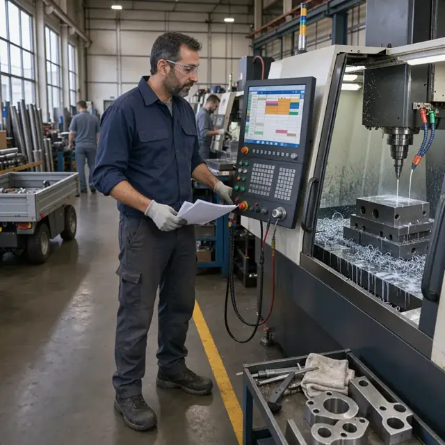 a machinist standing at a CNC control panel reviewing a digital schedule displayed beside a large milling machine cutting a machine base