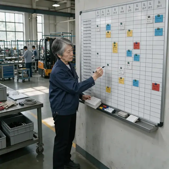 a worker standing at a large wall-mounted schedule board marking work order start dates for multiple assembly stations