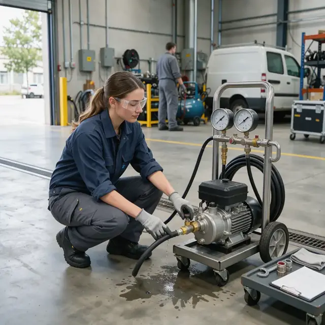 a technician performing a pressure test on a large commercial pressure washer unit in a test bay with gauges visible