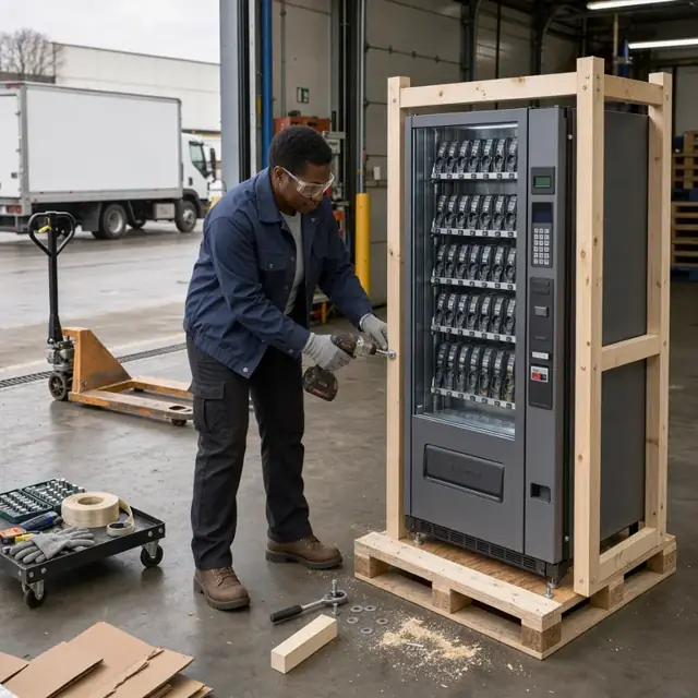 a worker bolting wooden crating around a fully assembled industrial vending machine on the loading dock