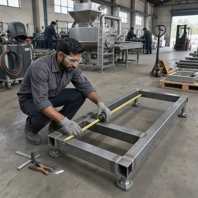 a machinist measuring a welded steel base frame of a commercial food processing machine on a shop floor
