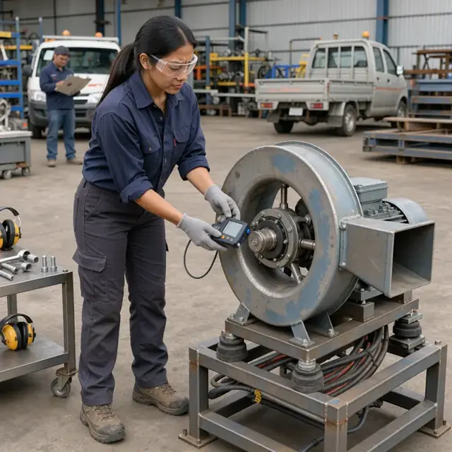 a worker in safety glasses performing a vibration test on a large industrial centrifugal fan mounted on a test stand